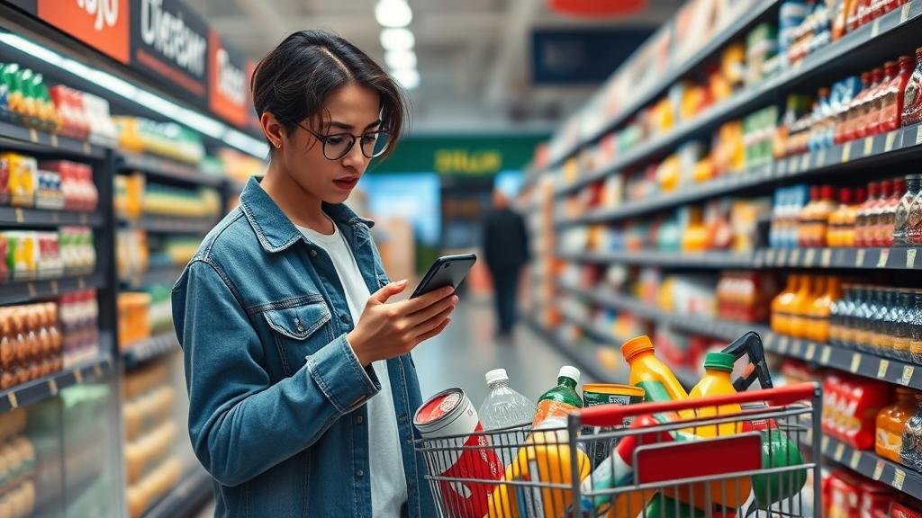 A shopper in a grocery store looks at their phone with a worried expression as prices increase, illustrating the impact of a trade war on consumer goods.