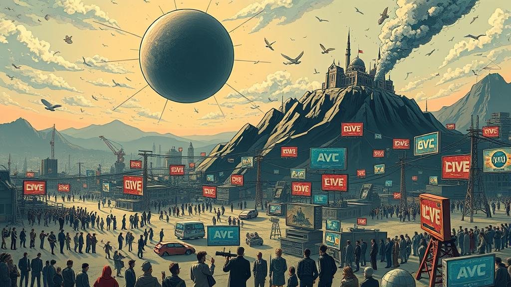 A dramatic depiction of a 'hostile takeover' in the entertainment industry, with company logos clashing like gladiators in an arena.