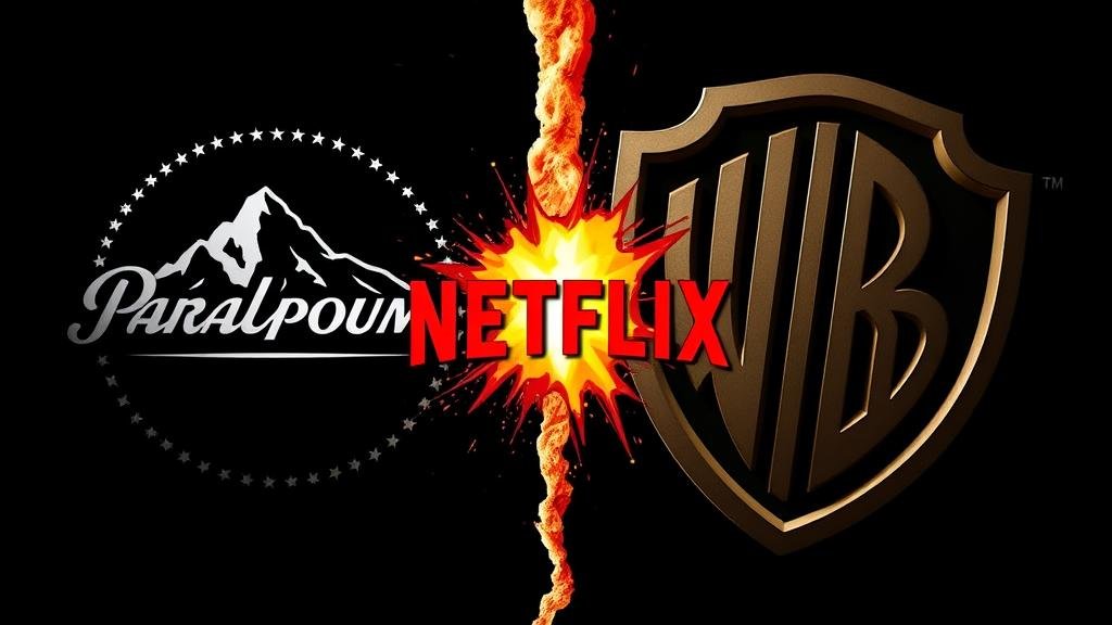 A dramatic image of the Paramount and Warner Bros. logos clashing, with the Netflix logo being pushed aside, symbolizing a hostile takeover.