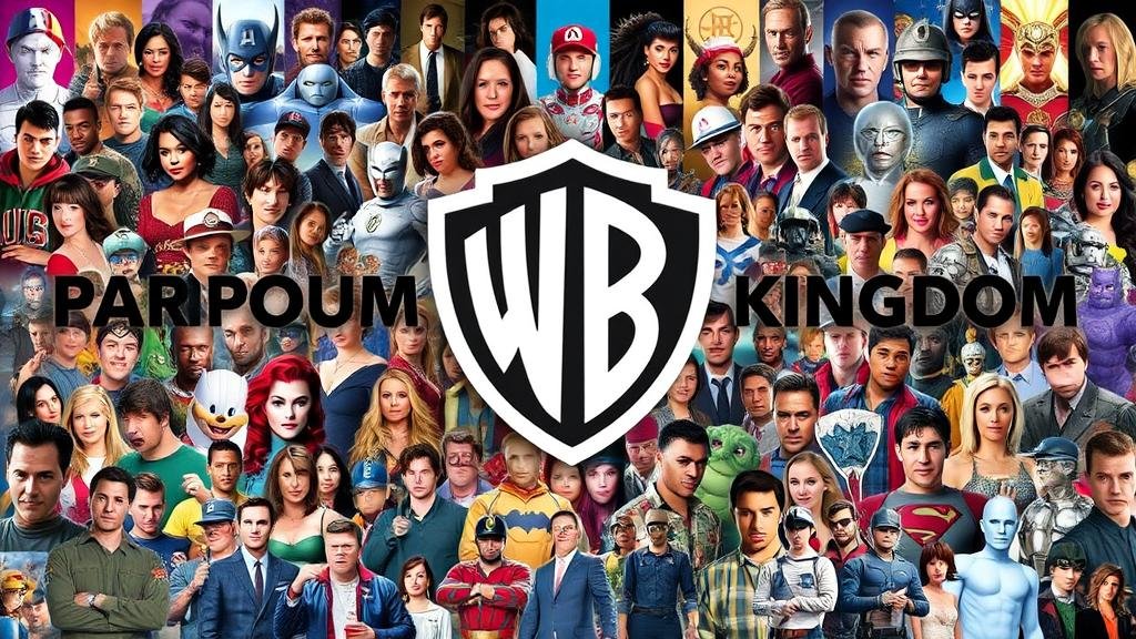 A collage of iconic movie and TV show characters from both Paramount and Warner Bros. franchises, united under a single banner representing a colossal content kingdom.