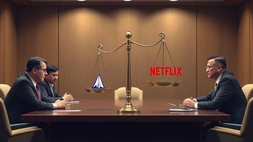 A tense boardroom scene with a scale balancing the Paramount and Netflix logos, symbolizing the high-stakes battle for approval.