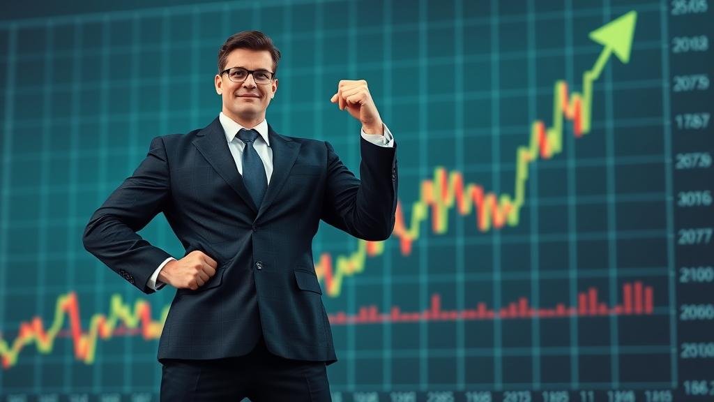 A powerful, confident figure standing in front of a stock market chart that shows a sharp upward trend, symbolizing an aggressive financial bid.