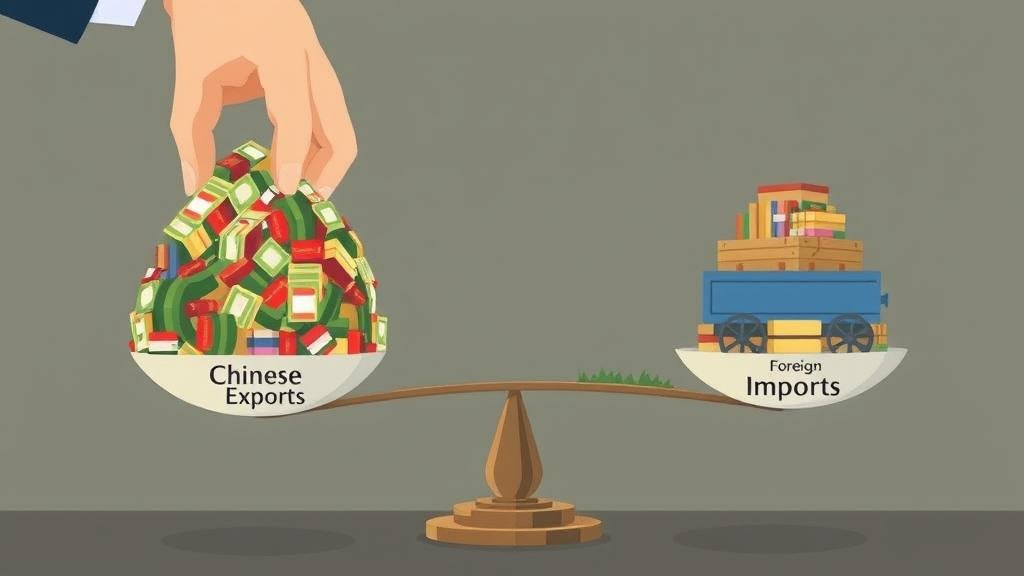 A balancing scale tipped to favor Chinese exports, illustrating currency manipulation.