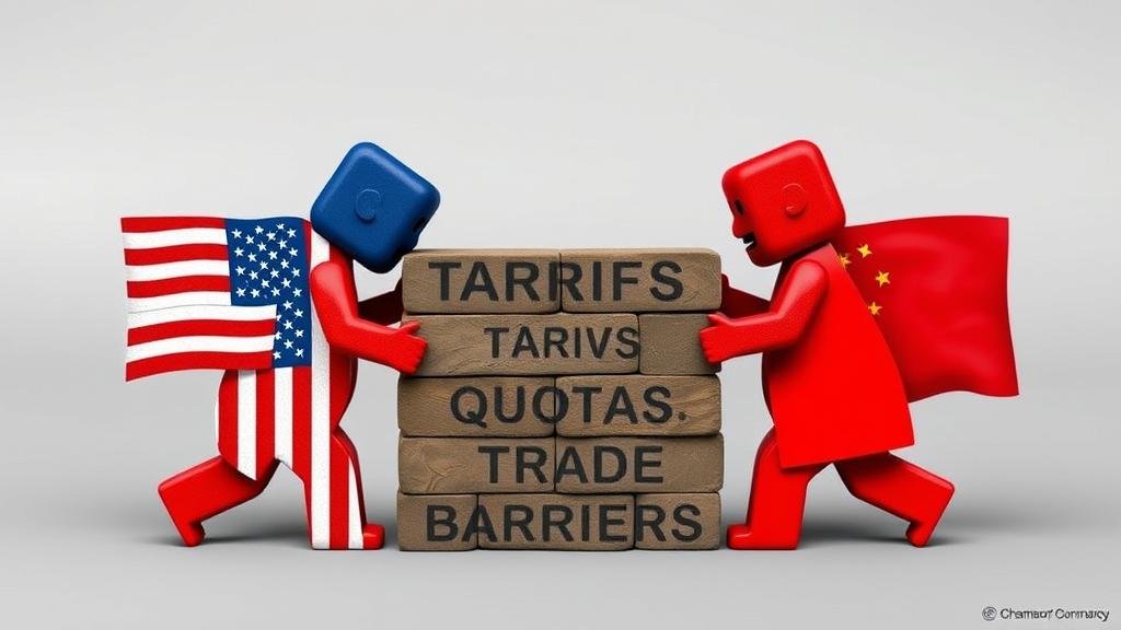 Figures representing the US and China building a wall of tariffs and trade barriers.