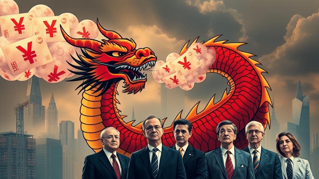 Stylized Chinese dragon breathing devalued yuan symbols, symbolizing fears of a new trade war.