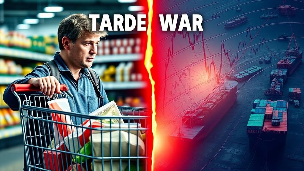 A split image showing a consumer with rising prices and a chaotic stock market graph representing trade war consequences.