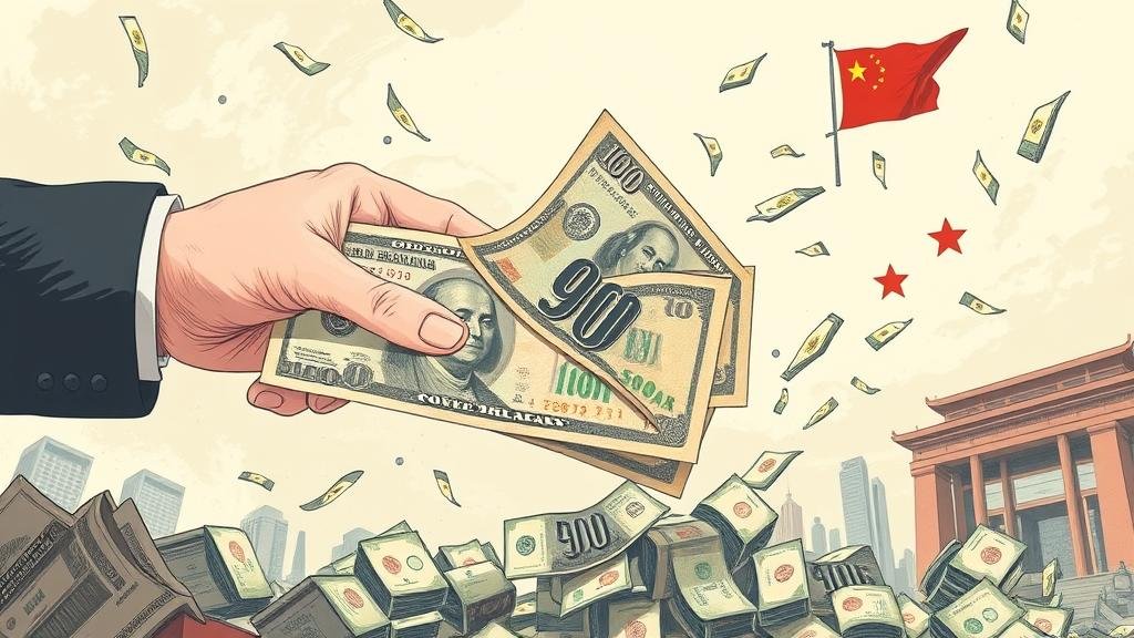 A dramatic illustration of the Chinese yuan plummeting, with a large, authoritative hand attempting to hold it back, symbolizing the People’s Bank of China's tight management.