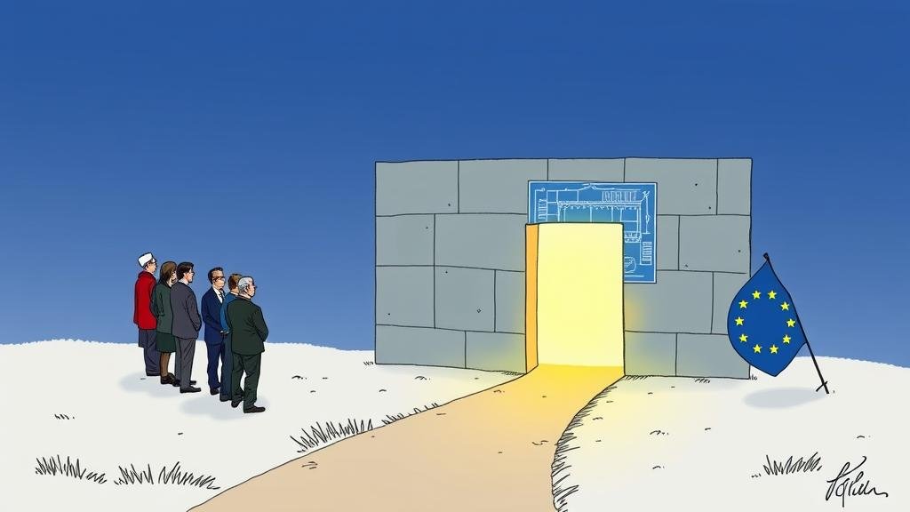 A dramatic scene of a high-stakes negotiation table with the EU flag at the center. One chair, representing Hungary, is pushed back from the table, with a single dissenting hand raised in a veto gesture. In the background, a Ukrainian flag is faintly visible, symbolizing the subject of the debate.