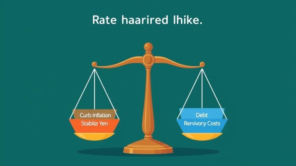 An illustration of a scale balancing the pros and cons of the rate hike. On one side, 'Curb Inflation' and 'Stabilize Yen'. On the other, 'Economic Recovery Risk' and 'Debt Servicing Costs'.
