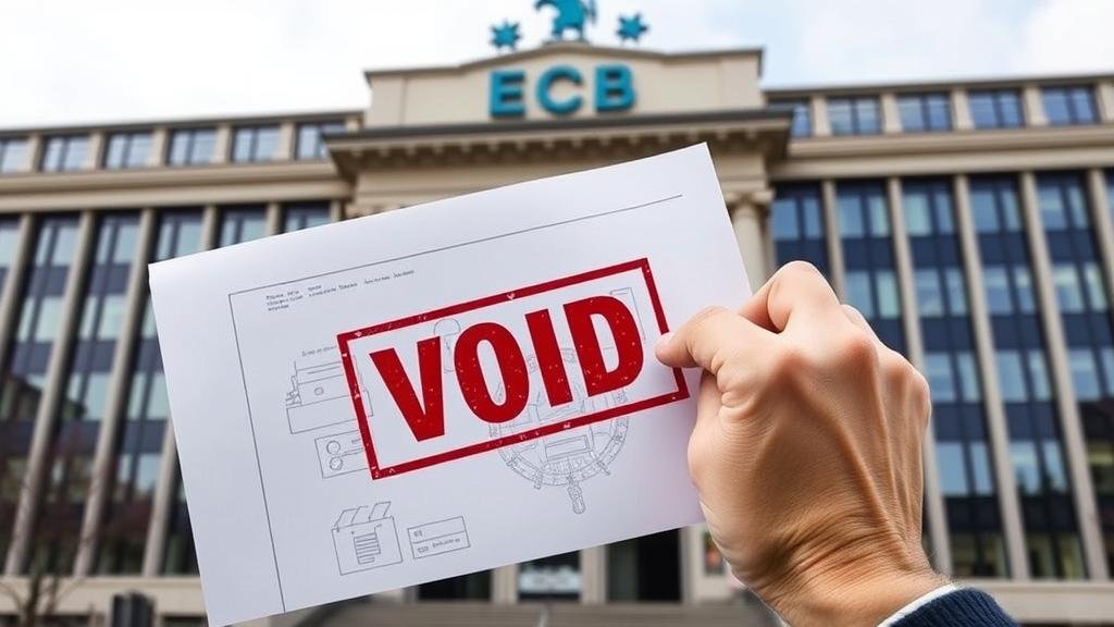A powerful hand stamping 'VOID' on a financial blueprint in front of the European Central Bank building, symbolizing the ECB's rejection of the plan due to financial stability risks.