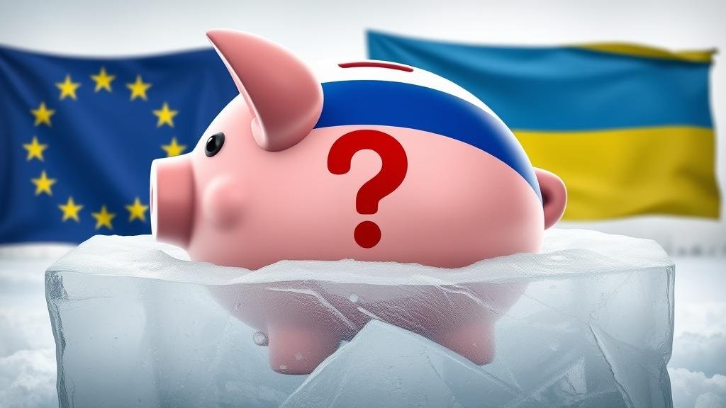 A giant piggy bank with a Russian flag on it, frozen in a block of ice, representing the dilemma and the frozen state of the assets.