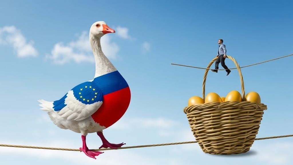 A goose with a Russian flag pattern laying golden eggs, which are being collected in a basket with a Ukrainian flag on it, symbolizing the delicate balance the EU has to maintain.
