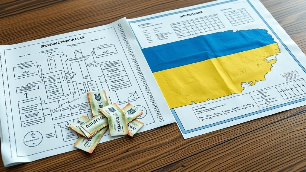 A blueprint on a table showing a complex financial plan where Russian rubles turn into a bridge leading to the Ukrainian flag, symbolizing the plan to use Russian assets as collateral to fund Ukraine.