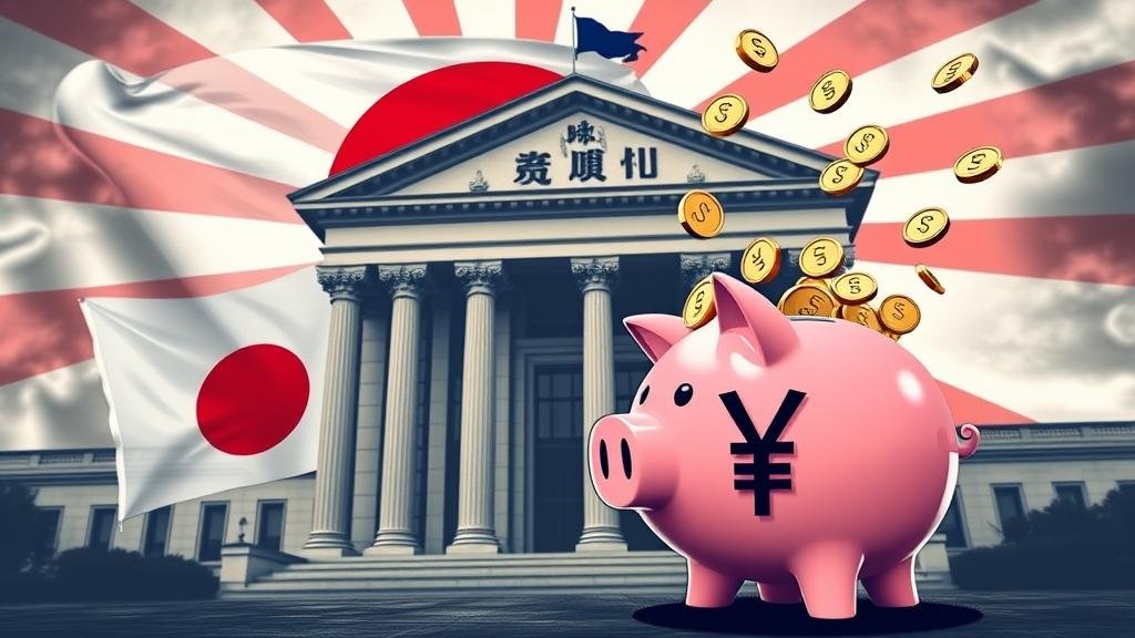 A piggy bank with a Japanese yen symbol cracking open in front of the Bank of Japan building, symbolizing the end of negative interest rates.
