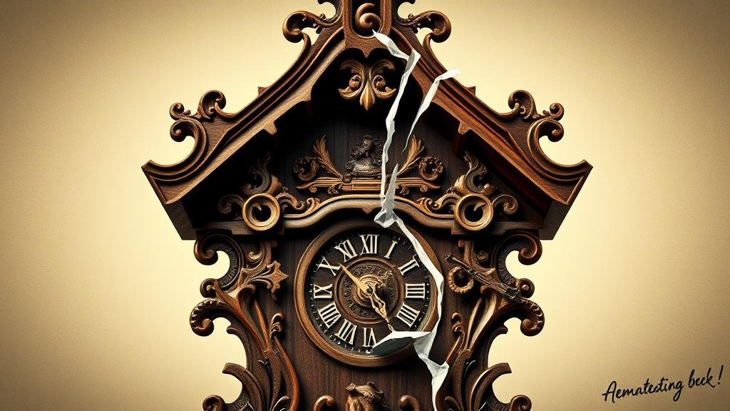 A stylized image of a complex, intricate German cuckoo clock that is starting to crack and show signs of breaking down, representing the beginning of the economic crisis.