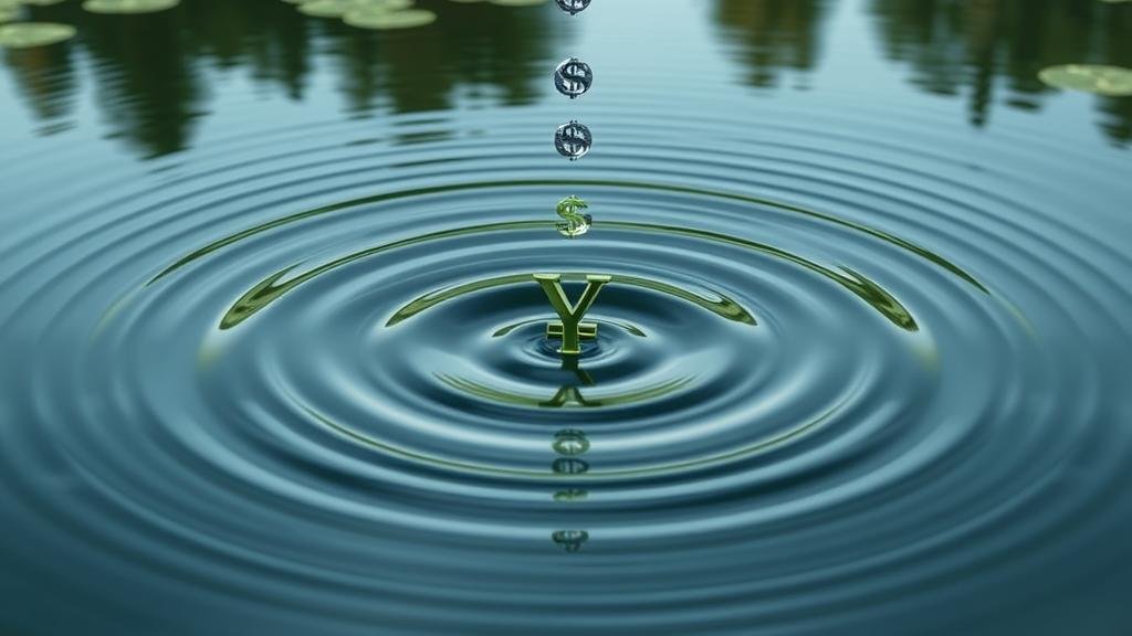A Japanese yen symbol dropping into a pond, creating ripples that turn into US dollar signs and bond symbols, illustrating the global ripple effect.