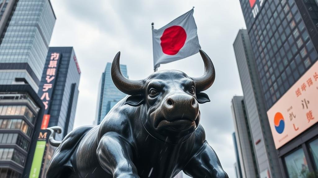 A stoic bull statue in Tokyo's financial district, symbolizing the stock market's resilience.