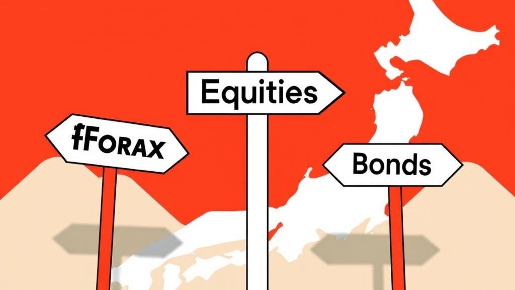 A crossroads with signs for Forex, Equities, and Bonds, representing investor choices.