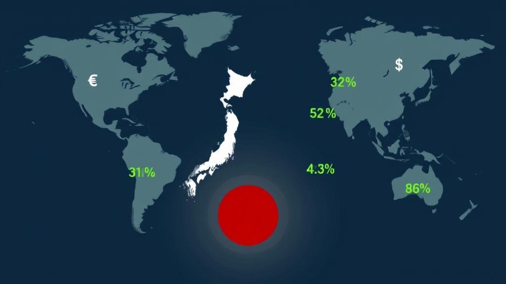 A world map with ripples originating from Japan, affecting currency symbols and stock market charts across the globe, illustrating the global implications of a Japanese interest rate hike.