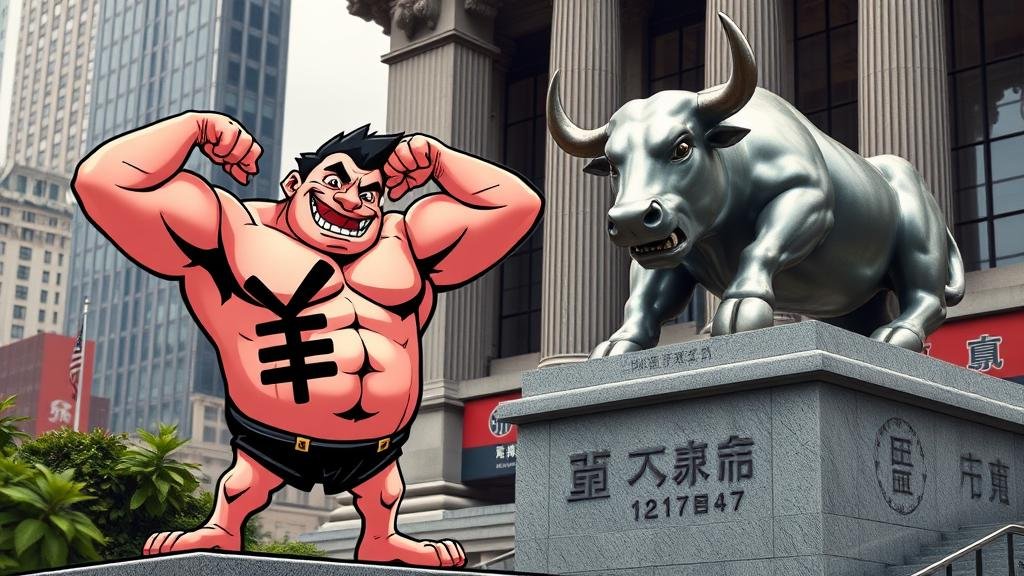 A vibrant, muscular Japanese yen symbol character waking up and stretching, while a nearby stoic bull statue representing the stock market remains unfazed on its pedestal.