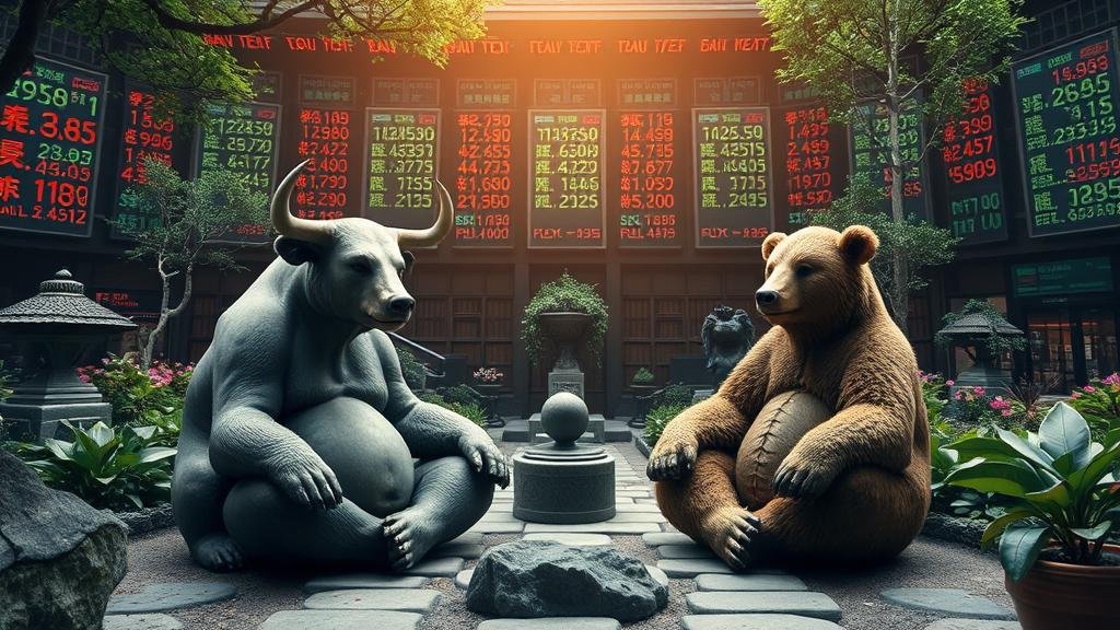 A serene, meditating bull and bear in a zen garden, with stock market tickers in the background showing stable prices, representing the unexpected calm in the financial market.