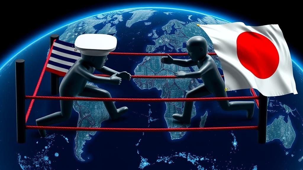 A metaphorical tag-team wrestling match where the US Federal Reserve tags out of the ring and the Bank of Japan tags in, symbolizing the shift in global monetary policy action.