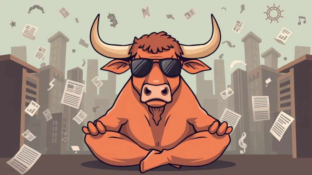 A bull, symbol of a strong stock market, meditating peacefully with sunglasses on, unfazed by chaotic news in the background, illustrating the market's calm 'cool as a cucumber' reaction.