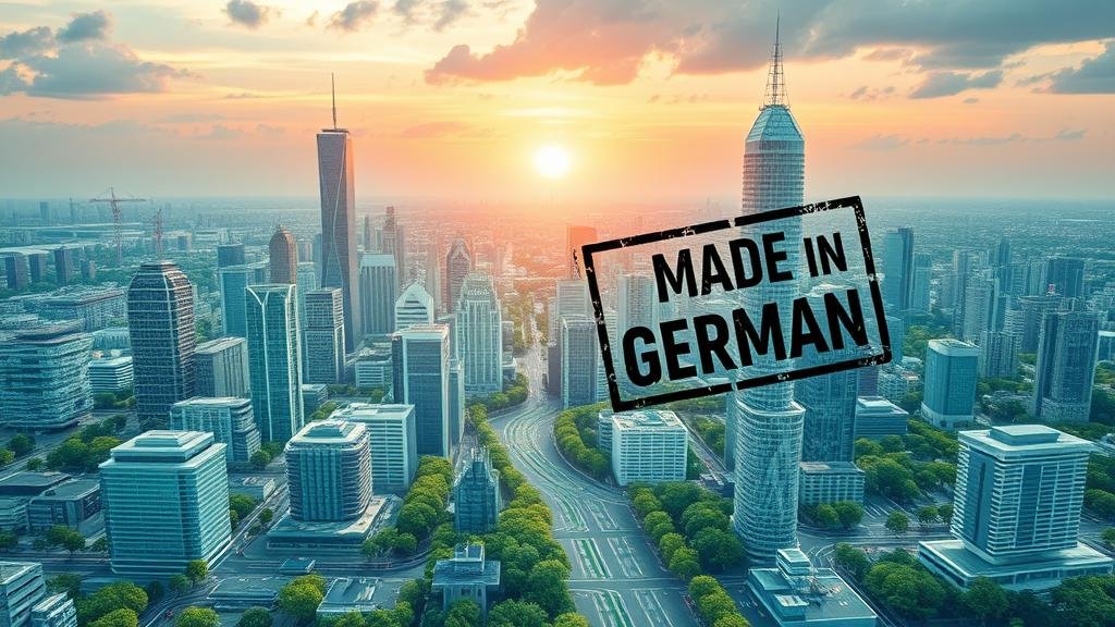 A hopeful and dynamic image of a blueprint for a futuristic, green-tech city with 'Made in Germany' stamped on it, symbolizing innovation and the path forward for the German economy.
