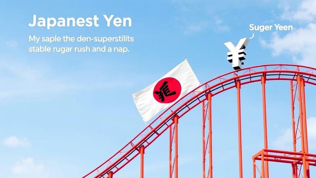 A rollercoaster track with the Japanese Yen symbol (¥) on it, showing a massive climb followed by a stable, flat section. This represents the currency's 'sugar rush and a nap' reaction to the news.