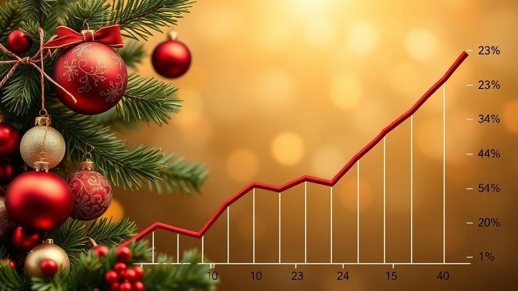 A creative data visualization showing a steep downward trend line for inflation, decorated with holiday ornaments, with the line ending near a '2%' target marker.