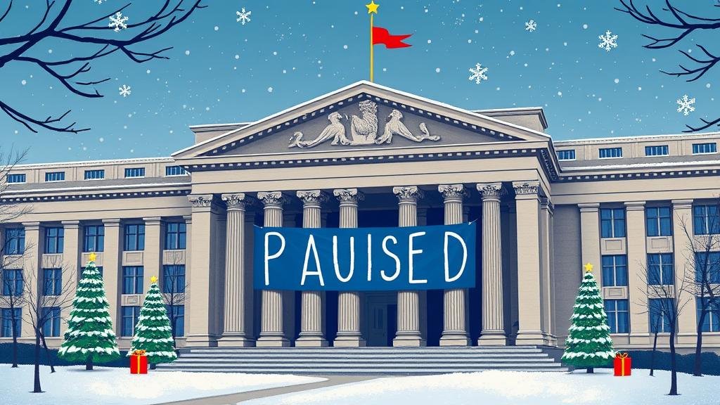 A festive illustration of the European Central Bank building with a large, calm 'PAUSED' sign on the front, indicating the hold on interest rate hikes during the holiday season.