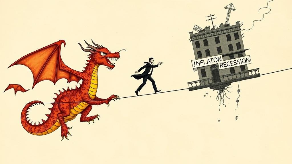 A metaphorical image of a tightrope walker carefully balancing on a thin line between a fierce, fiery dragon labeled 'INFLATION' on one side and a fragile, crumbling building labeled 'RECESSION' on the other.