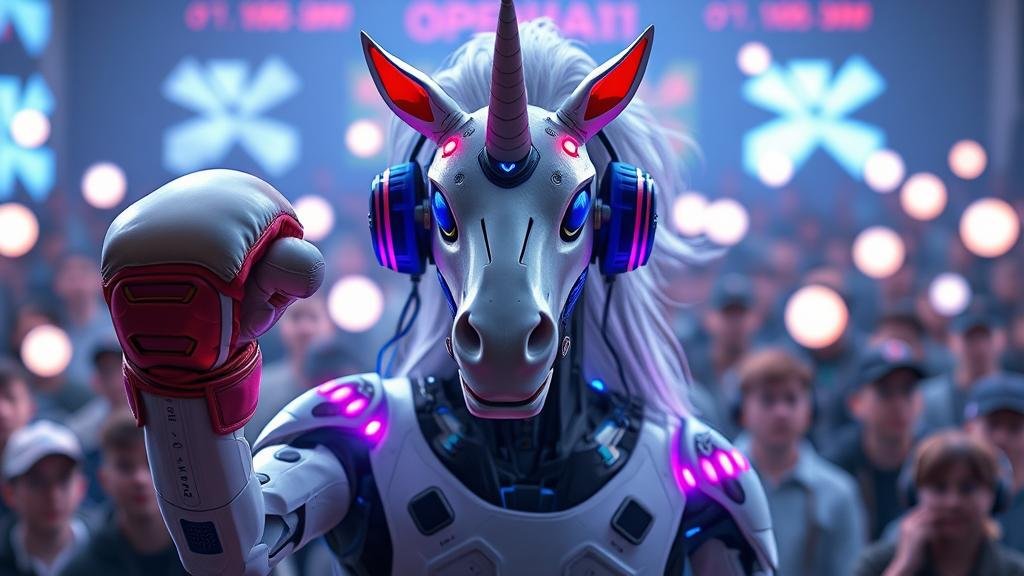 The original AI unicorn (OpenAI) has transformed, now wearing high-tech boxing gloves and looking determined. It's giving away glowing orbs of premium features for free to a crowd of amazed users, showcasing a strategic pivot to retain its leadership.