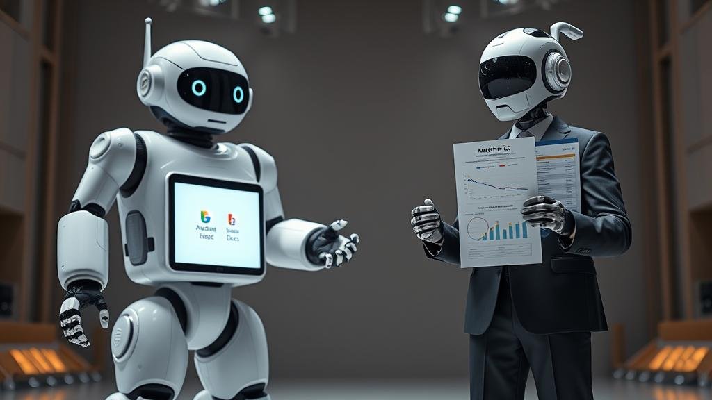 Two new formidable AI challengers making a grand entrance. On one side, a giant, waking robot integrated with screens showing Google products (Android, Search, Docs). On the other, a sophisticated, polished android in a business suit, representing Anthropic's Claude 3, holding a document with benchmark charts that show it outperforming its rivals.