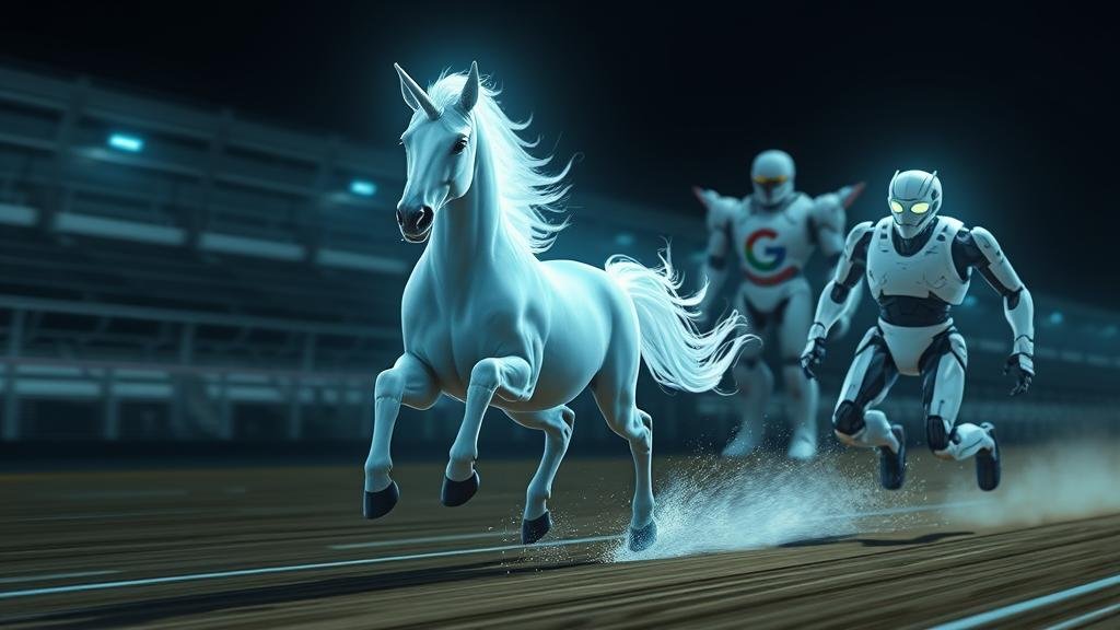 A majestic, glowing unicorn representing ChatGPT is in a race, but no longer alone. Two other powerful, distinct AI entities are catching up, one a giant robot with Google's colors and the other a sleek, professional-looking android, symbolizing the start of the AI arms race.