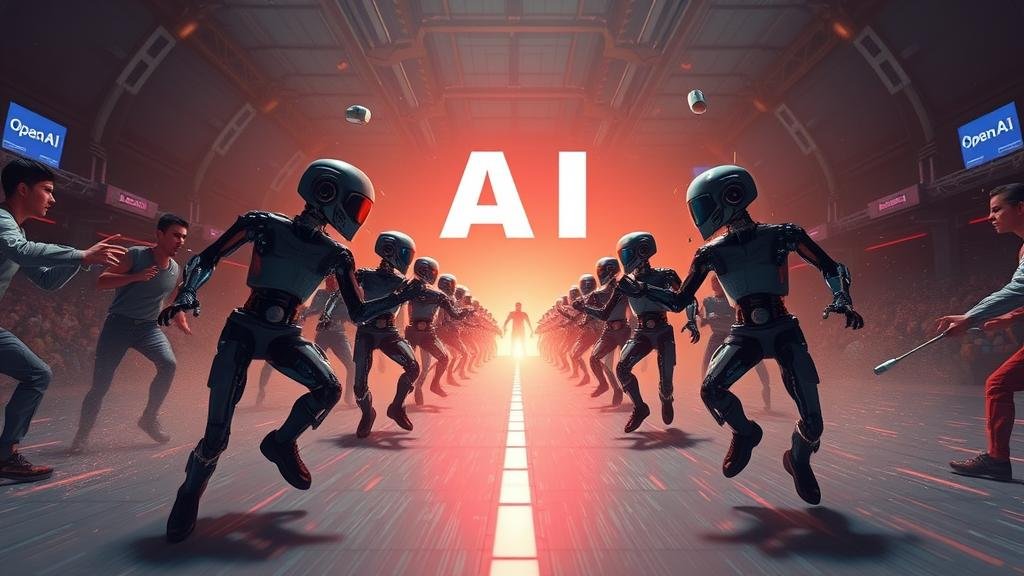 A dramatic 'AI showdown' depicting OpenAI's ChatGPT in a race or battle against competitors like Google's Gemini and Anthropic's Claude, symbolizing the crowded and competitive landscape of the AI industry.