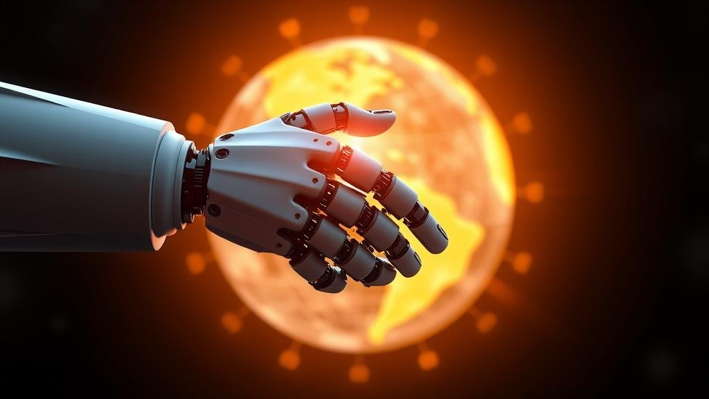 A robot and human hand shaking, with a glowing globe in the background, symbolizing a future of collaboration and ethical AI development for the benefit of humanity.