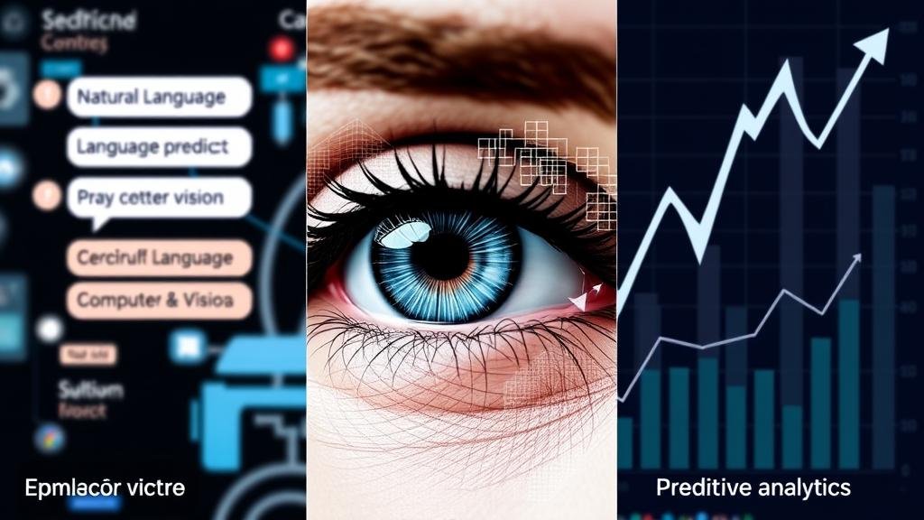 A multi-paneled image showing a chatbot for NLP, a digital eye for Computer Vision, and a stock chart for Predictive Analytics.