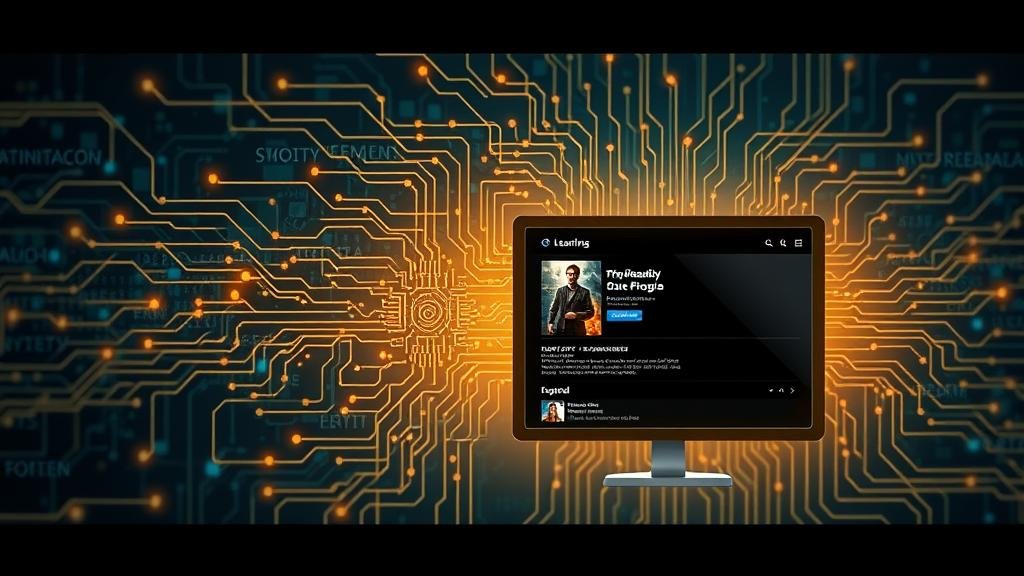 Abstract illustration of machine learning with data streams flowing into a central processor and emerging as personalized movie recommendations on a screen.