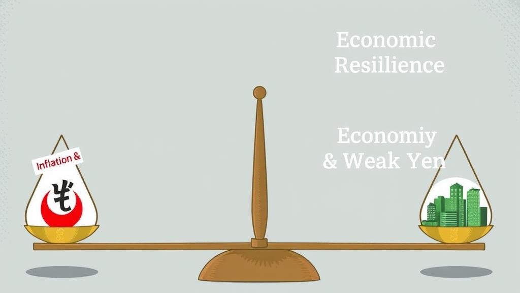 An illustration showing a balancing scale with 'Inflation & Weak Yen' on one side and 'Economic Resilience' on the other, representing the factors influencing the BOJ's decision.