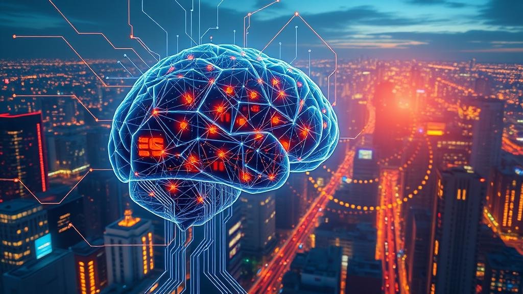A brain made of circuits connected to a bustling city, representing the integration of AI into daily life.