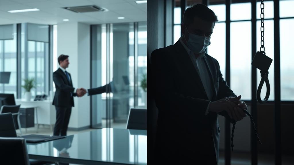 Split-panel image showing a clean business deal on one side and the dark legal consequences of corruption on the other side.