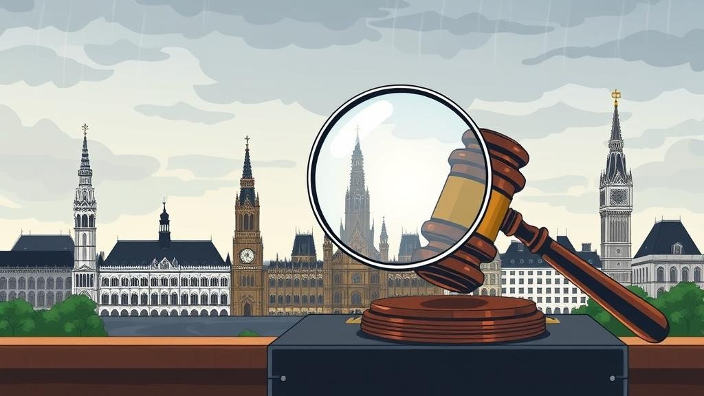 Illustrated Brussels skyline under a stormy sky with a magnifying glass over a gavel and briefcase, symbolizing an investigation into corruption.