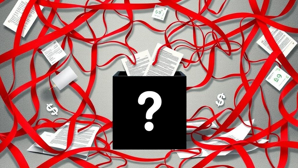 Abstract image of tangled red tape and papers leading to a black box with hidden money symbols, symbolizing an opaque and corrupt public contract.