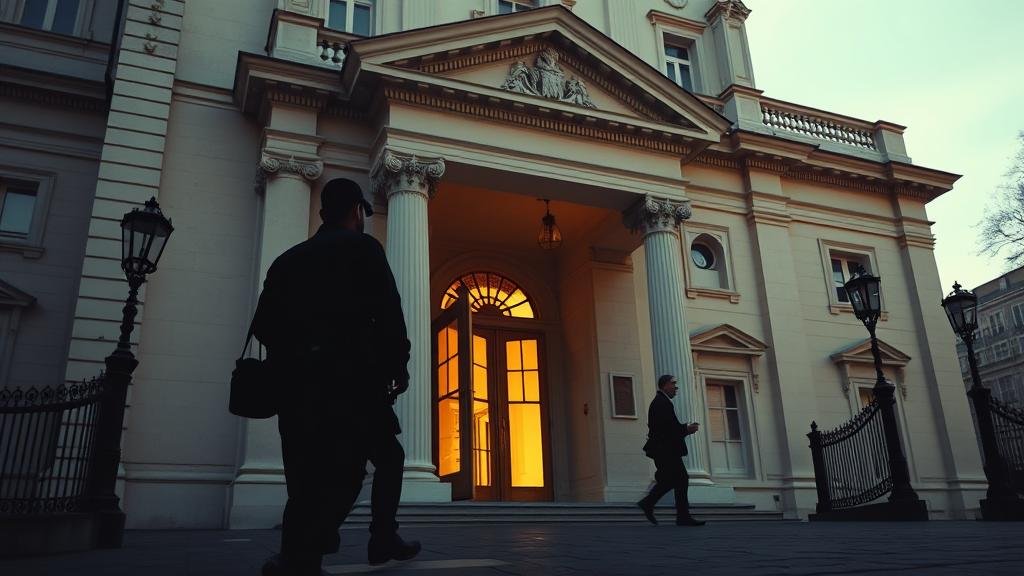 Law enforcement officers entering a grand, neoclassical building, representing a surprise raid on a prestigious European institution.