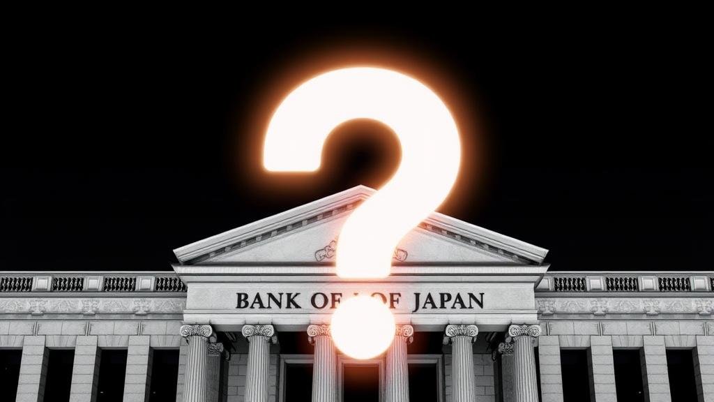 A stylized image of the Bank of Japan building with a large, glowing question mark hovering over it, symbolizing the uncertainty and potential for a significant policy shift.