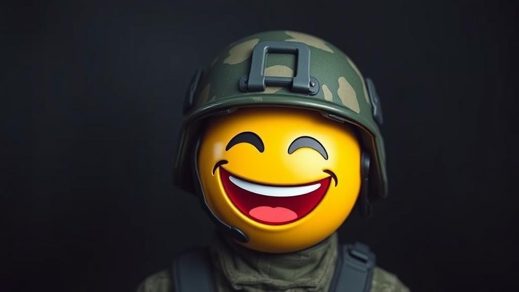 A striking image of a laughing emoji wearing a combat helmet, symbolizing the strange and dangerous merger of internet humor and modern warfare.