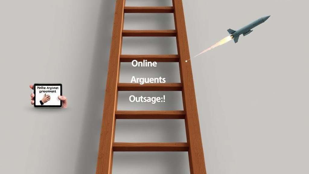 A visual metaphor of an escalation ladder, starting with a meme on a phone and ending with a missile launch.