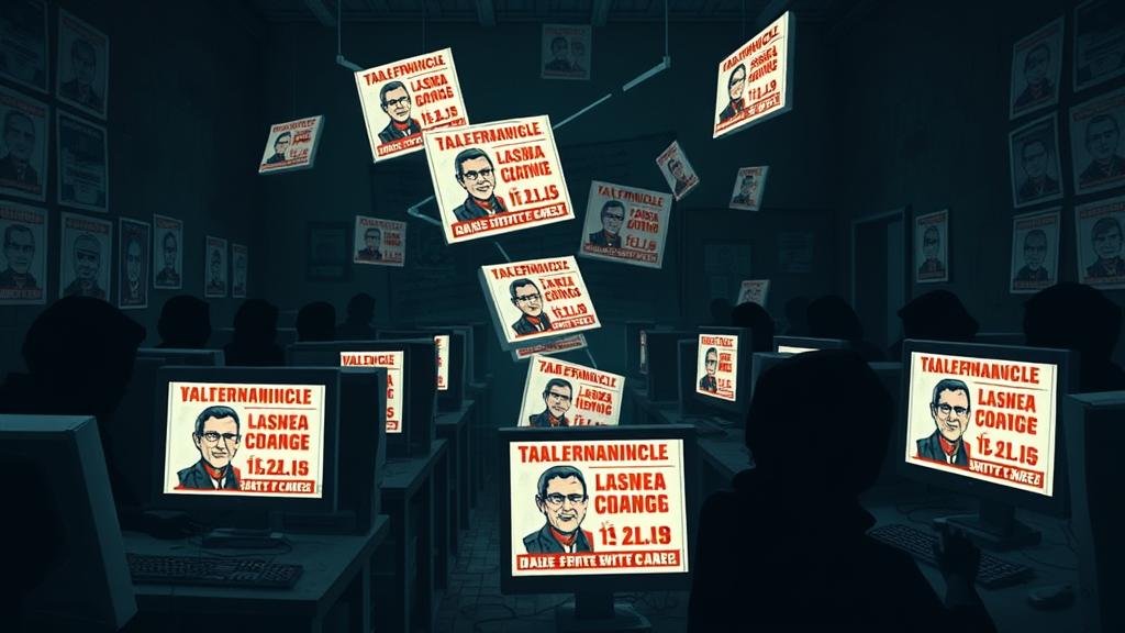A dark room depicting a troll farm where shadowy figures mass-produce propagandistic memes, representing the spread of state-sponsored misinformation.