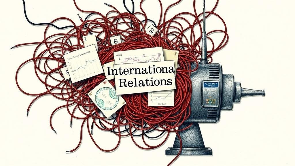An illustration of a machine turning a tangled knot of 'International Relations' into a simplistic meme, showing how nuance is lost.